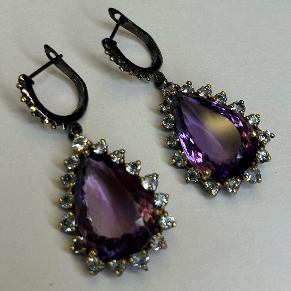 Exceptional Genuine  AAA+ Royal Purple Amethyst & Aquamarine Earrings - Picture 2 of 12
